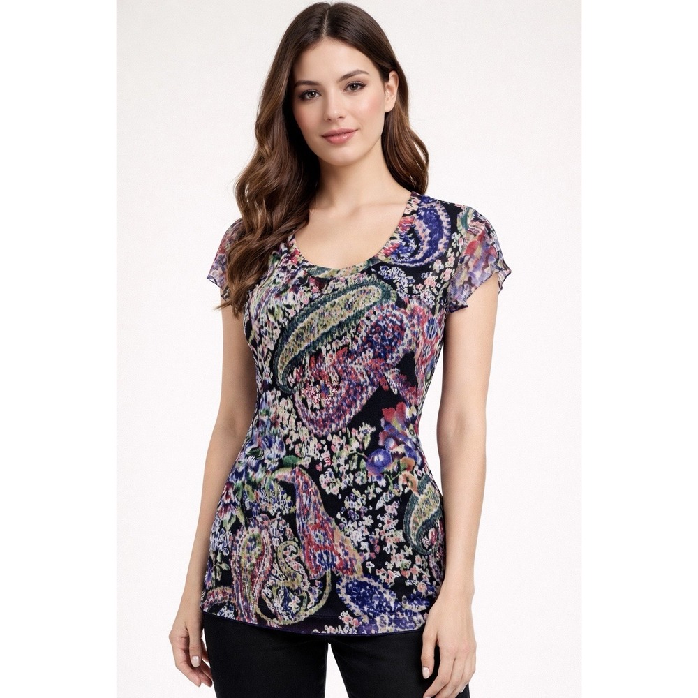 Bisou Bisou Y2K Mesh Top Medium Paisley Floral Whimsy Goth Indie Sleaze Edgy Art - Picture 1 of 14